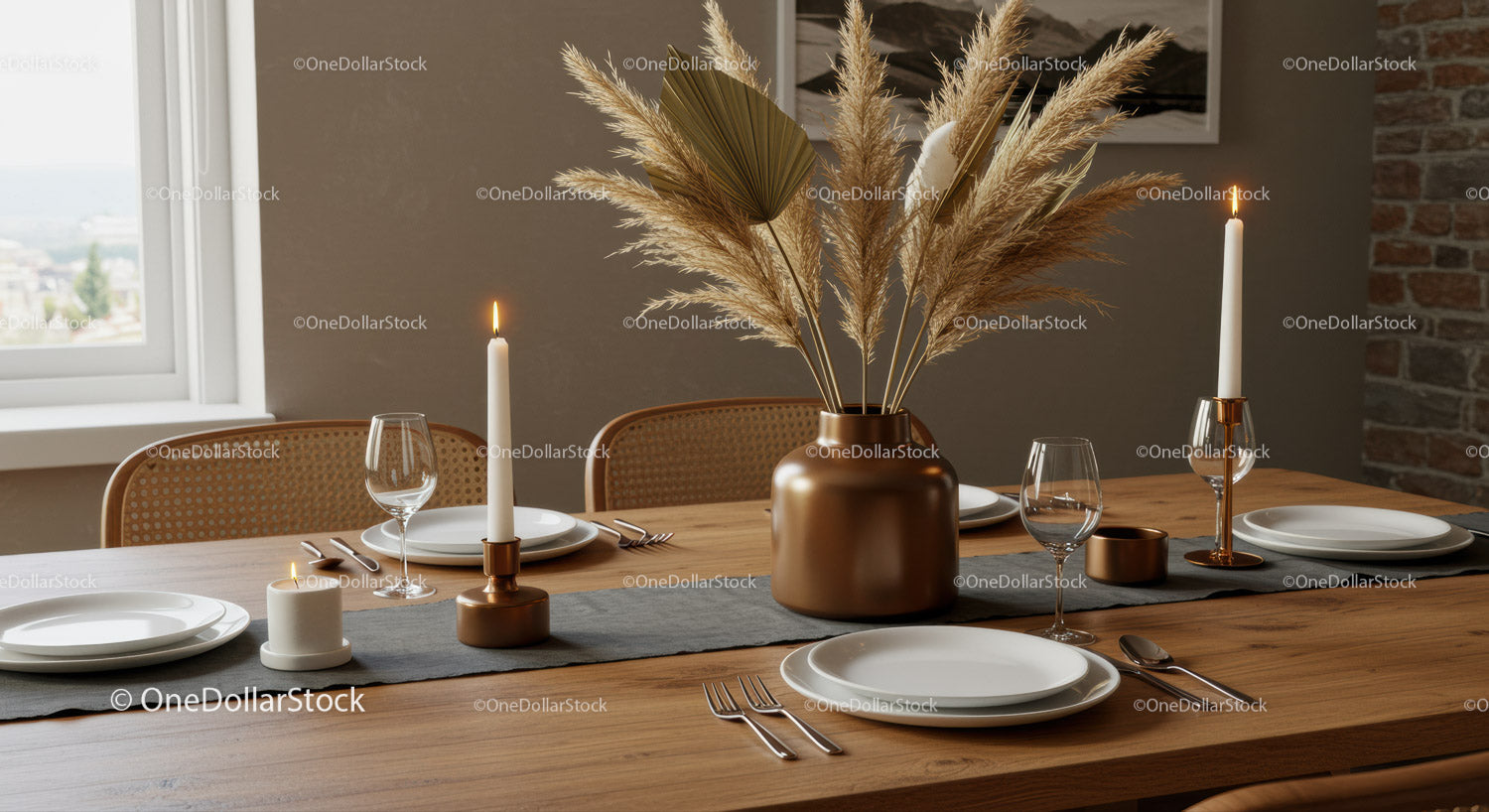 Modern Dining Table with Candles and Pampas Grass Decor