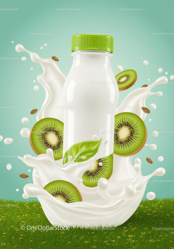 Fresh Kiwi and Milk Splash with Green Cap Bottle JPG Mockup Image