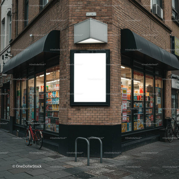 Corner Convenience Store with Bright Advertising Display JPG Mockup Image