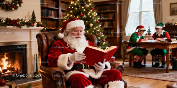 Santa Claus Reading Christmas Story by Fireplace