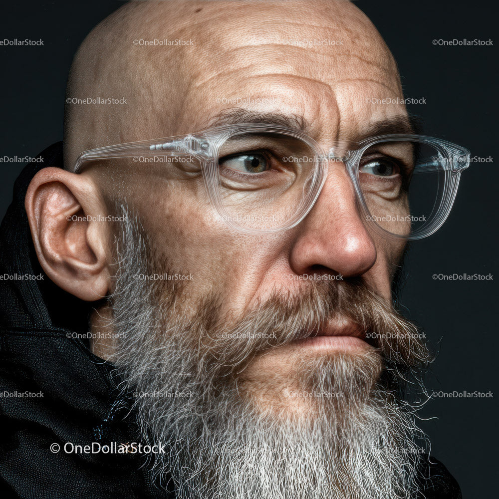 Poważny portret łysego mężczyzny w stylowych okularach