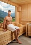 Man Relaxing in Wooden Sauna During Scenic Mountain Daylight