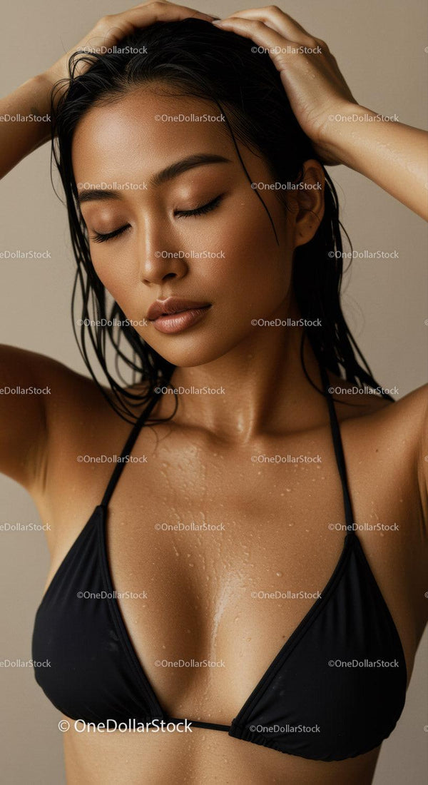 Sensual Woman with Wet Skin Wearing Black Bikini Top