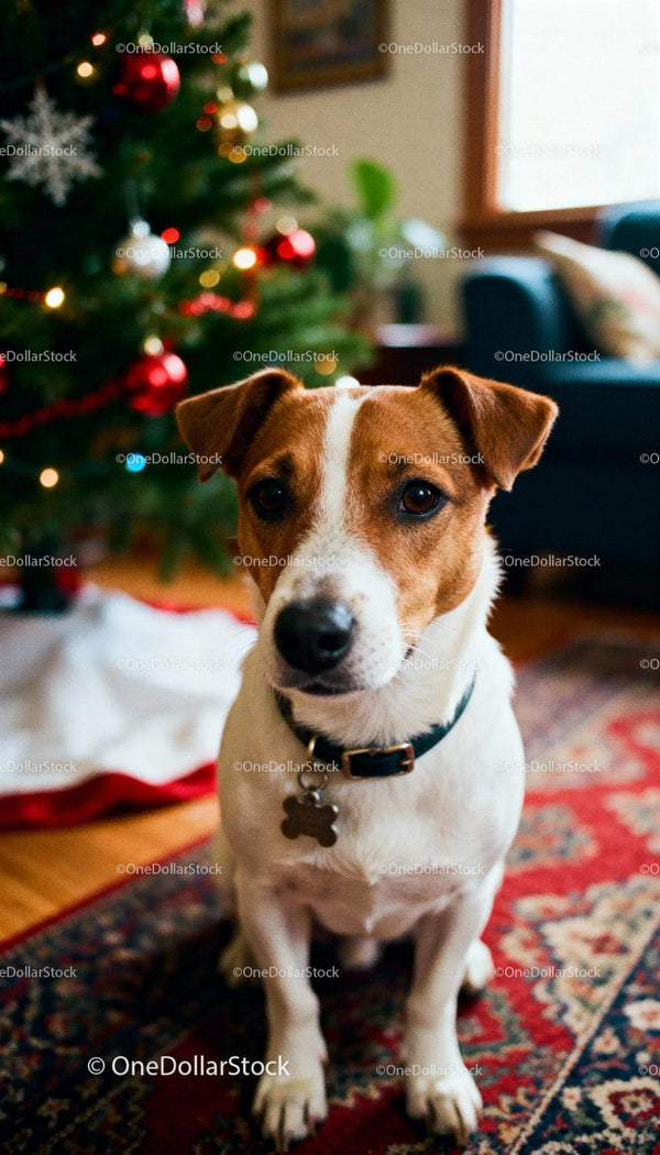 Jack Russell Terrier siedzący przy udekorowanej choince