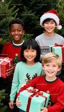 Happy children in festive sweaters holding Christmas gifts