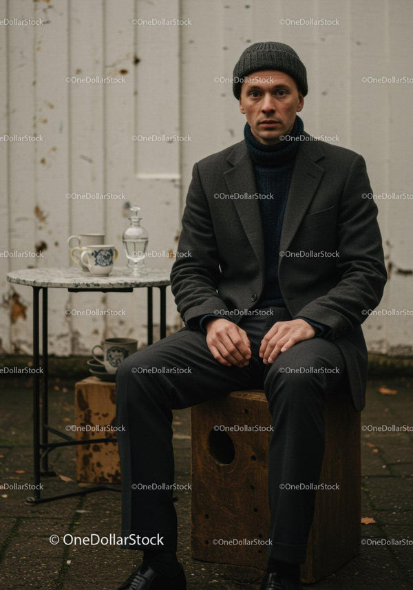 Man in autumn outfit sitting outside near rustic table