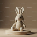 Soft plush bunny toy sitting on beige pedestal