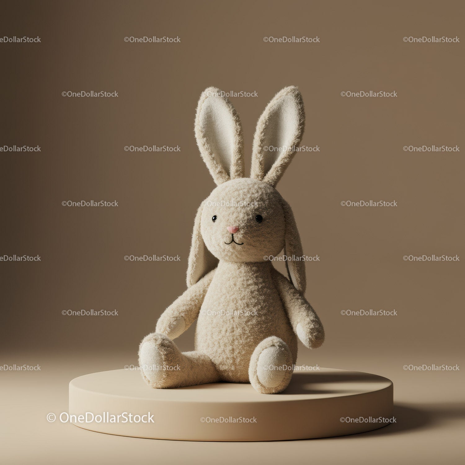 Soft plush bunny toy sitting on beige pedestal