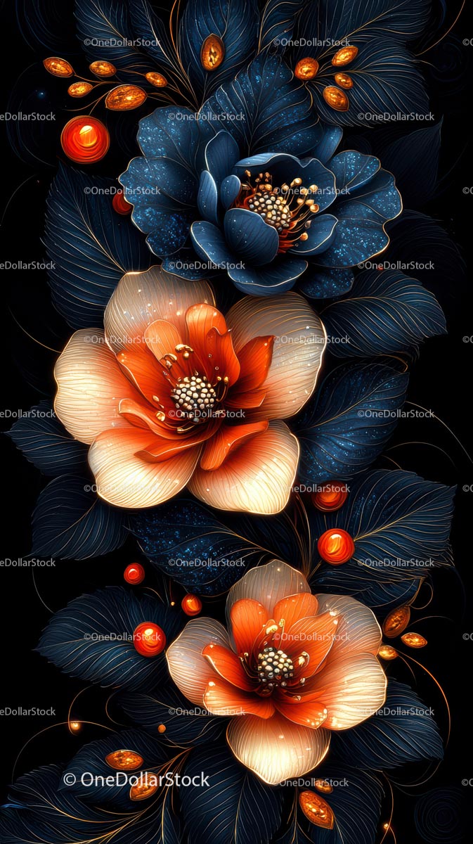 Elegant Glowing Blue and Orange Floral Artprint with Intricate Petals