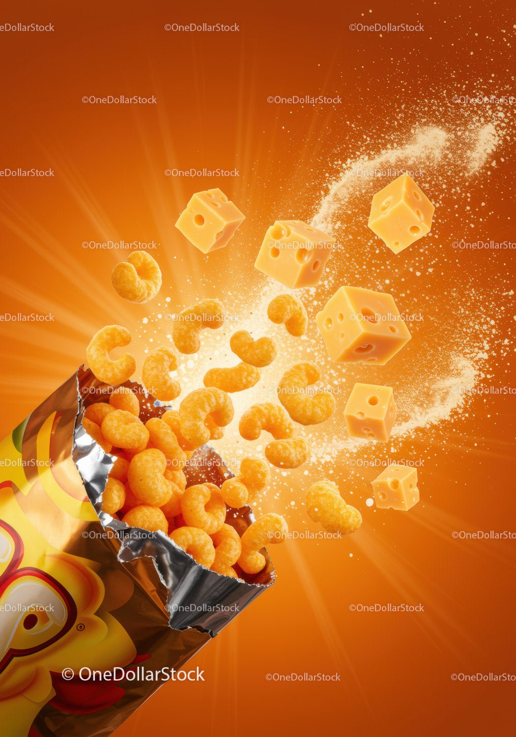 Crunchy cheese snacks bursting from vibrant bag