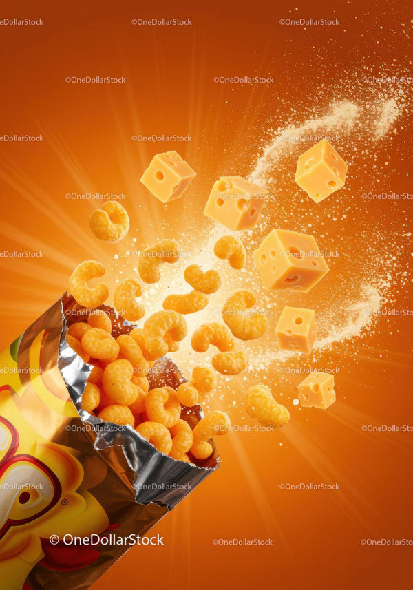 Crunchy cheese snacks bursting from vibrant bag