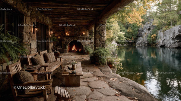 Rustic Riverside Cabin with Stone Fireplace Surrounded by Autumn Foliage Stock Photo Bundle (32 JPG Files)