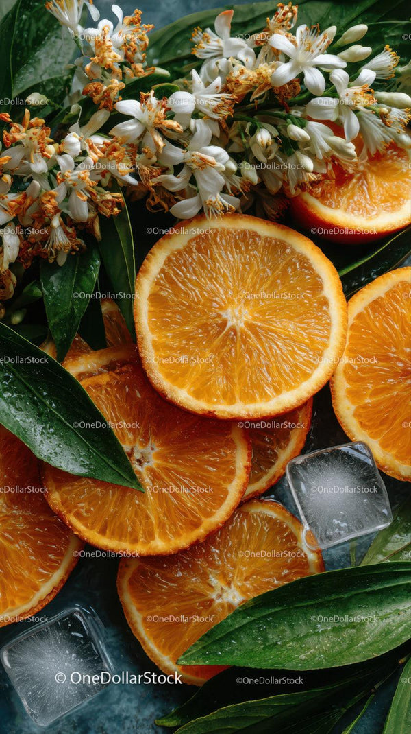 Fresh Orange Slices with Green Leaves and Ice Cubes for Healthy Lifestyle