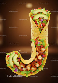 Letter J shaped healthy chicken wrap with fresh vegetables