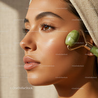 Close-Up of Woman Using Jade Roller for Facial Massage and Skincare