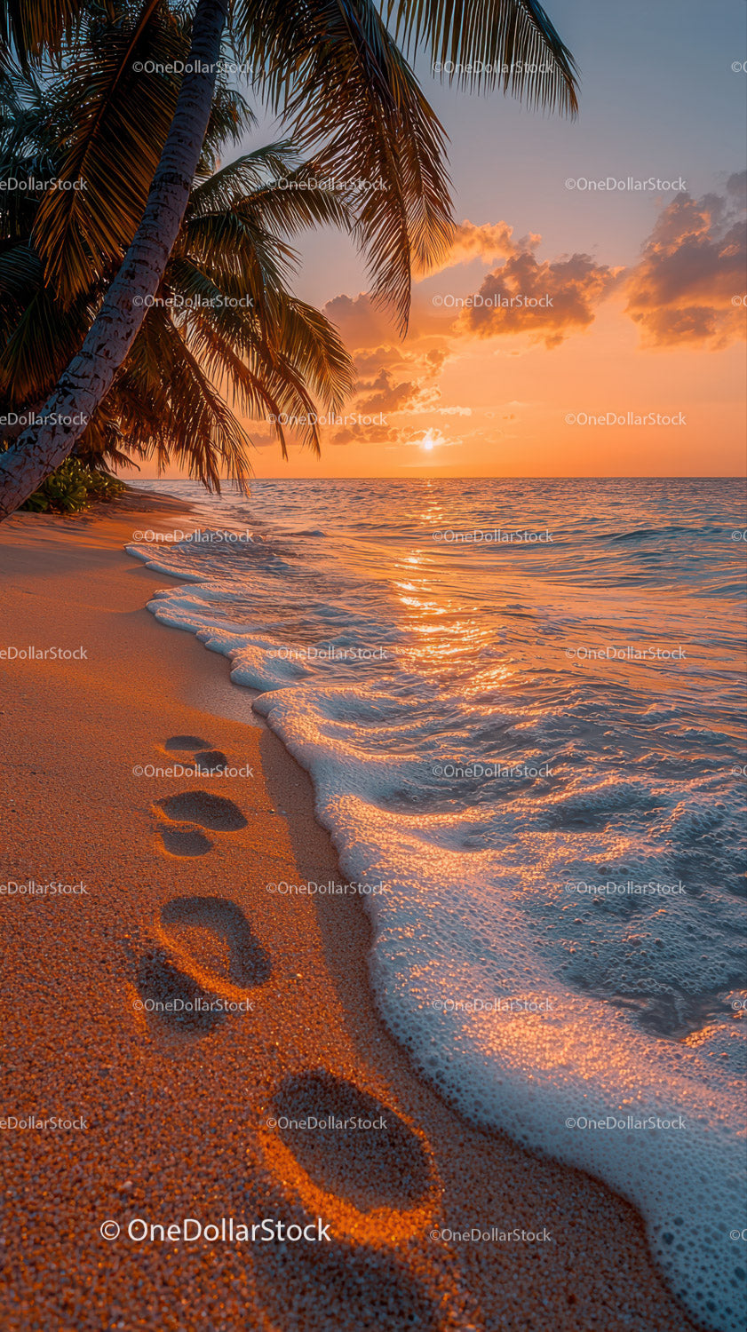 Scenic Tropical Beach Sunset with Palm Trees and Ocean Waves