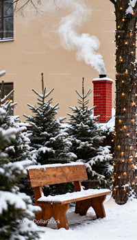 Snowy wooden bench near chimney and festive lights