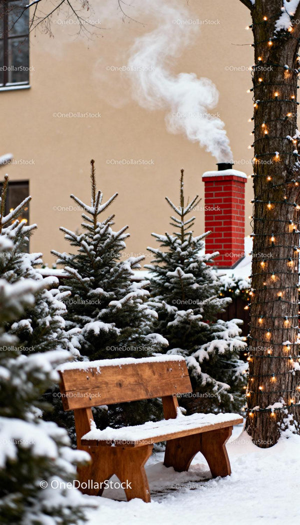 Snowy wooden bench near chimney and festive lights