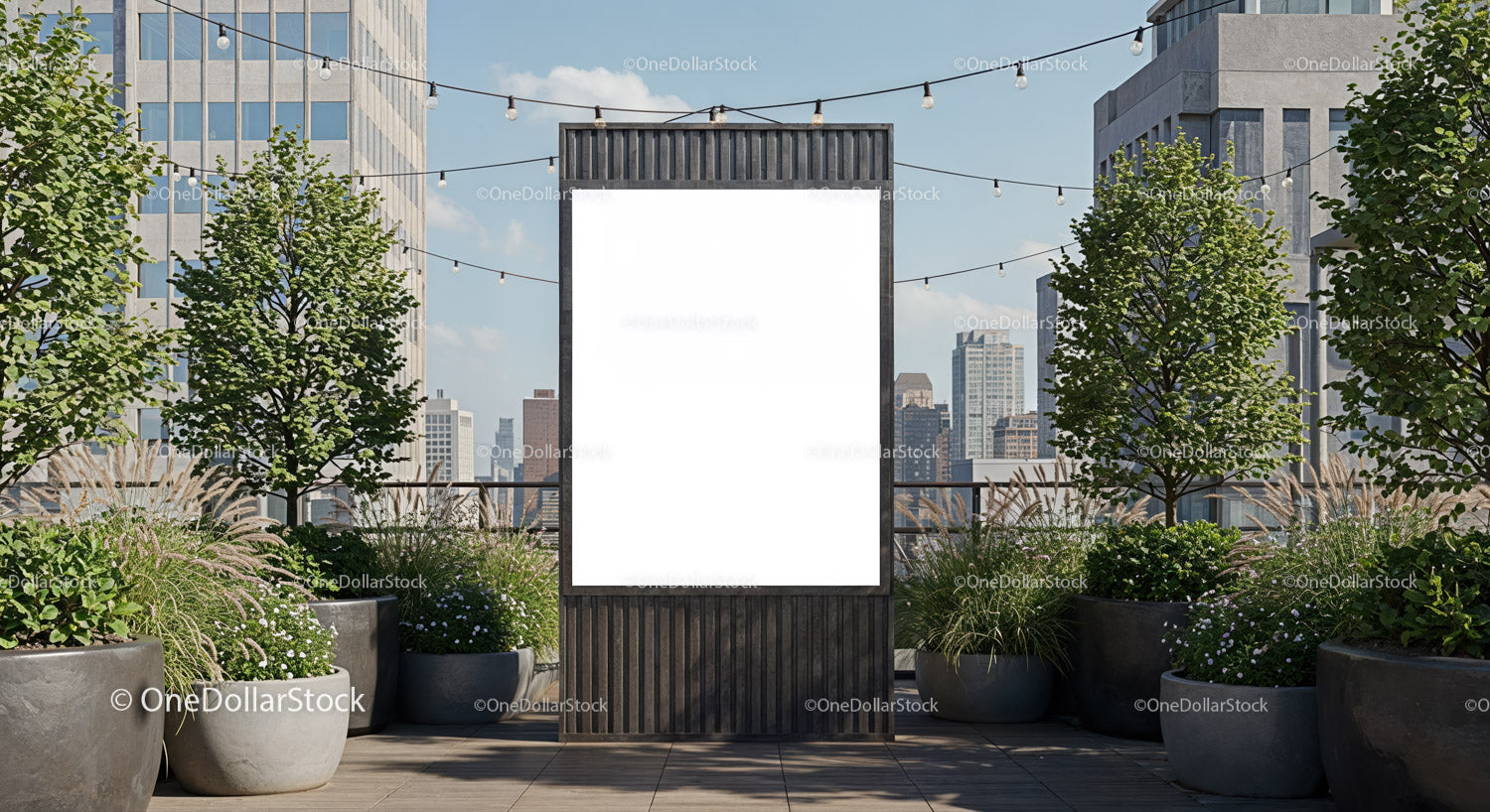 Modern rooftop garden with blank advertisement billboard