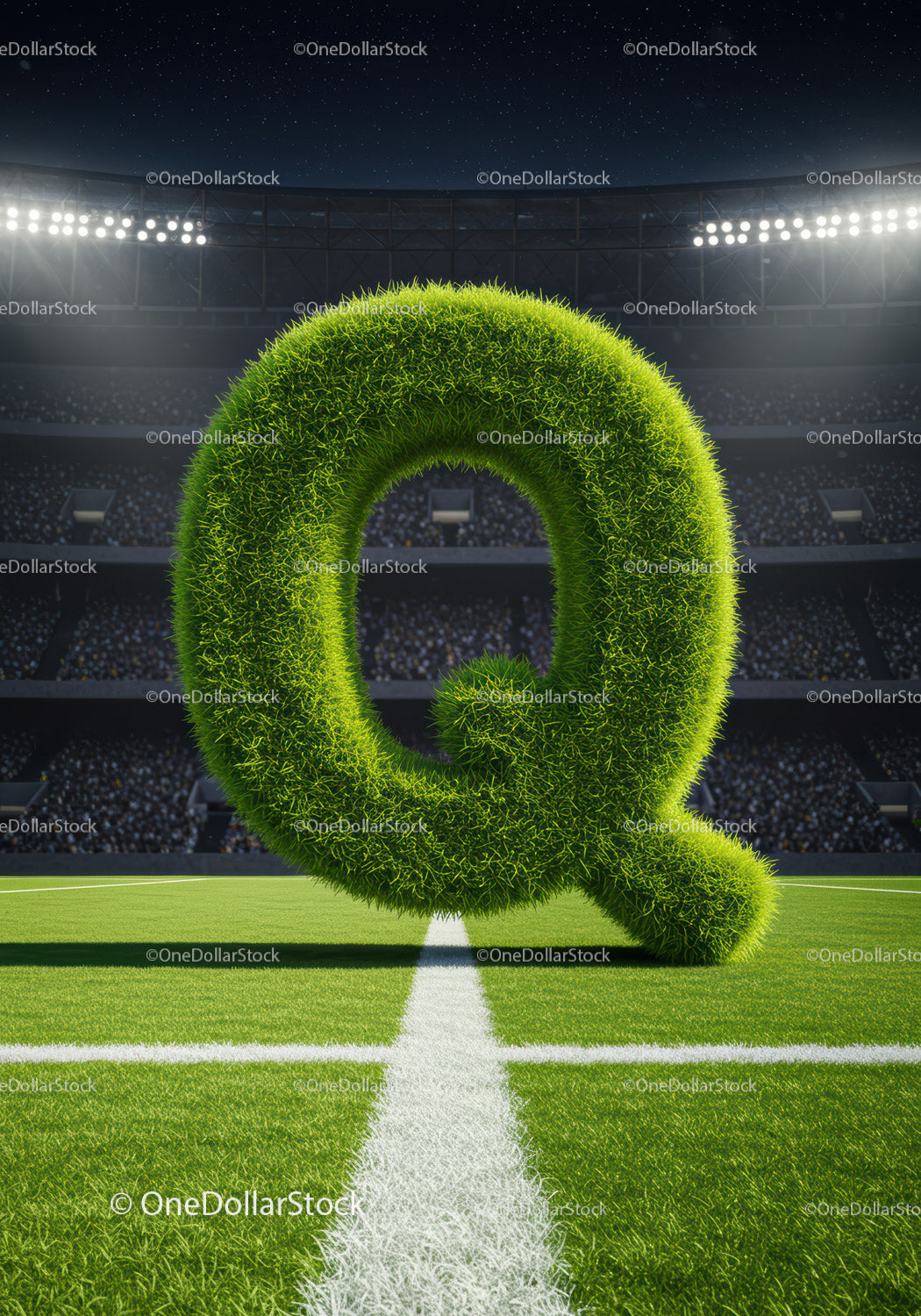 Grass Covered Letter Q on Stadium Soccer Field