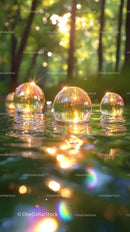 Sunlit Glass Marbles in a Forest Stream with Bokeh and Reflection