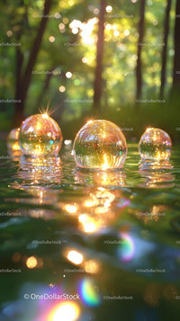 Sunlit Glass Marbles in a Forest Stream with Bokeh and Reflection