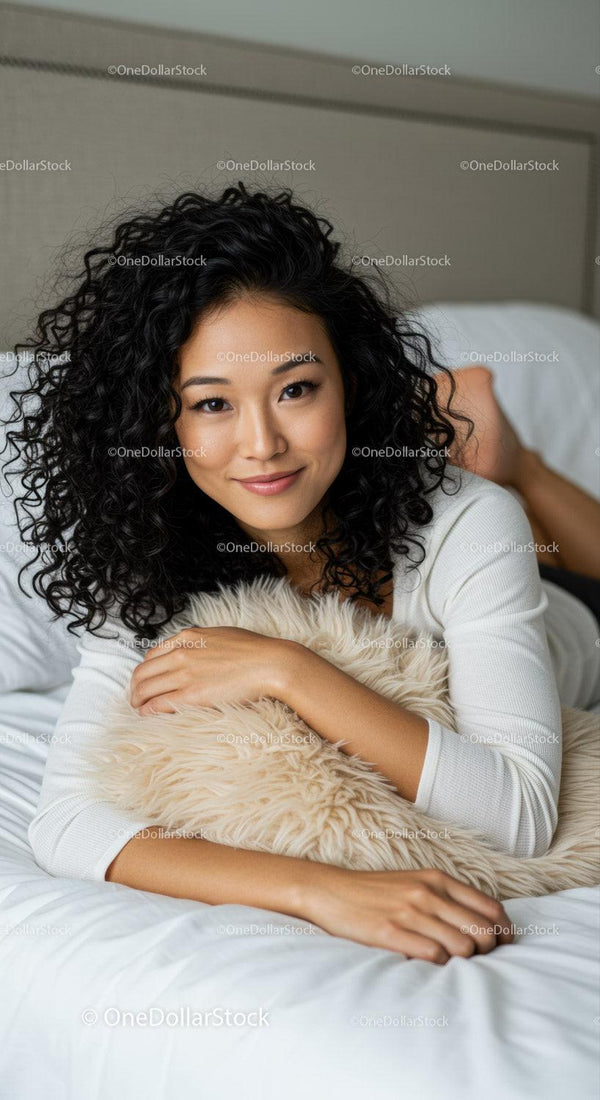 Relaxed woman lying on bed hugging furry pillow