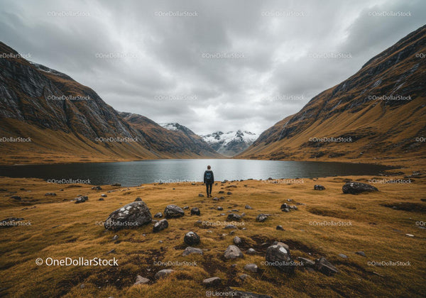 Scenic Mountain Valley with Lake and Hiker under Cloudy Sky