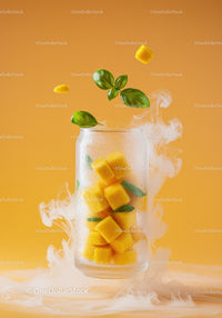 Refreshing Mango Cubes with Fresh Basil in Glass