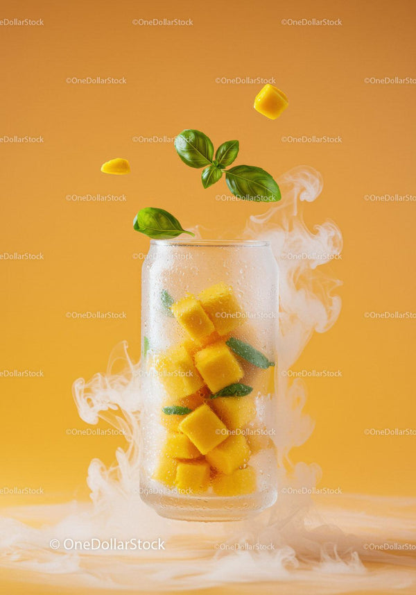Refreshing Mango Cubes with Fresh Basil in Glass
