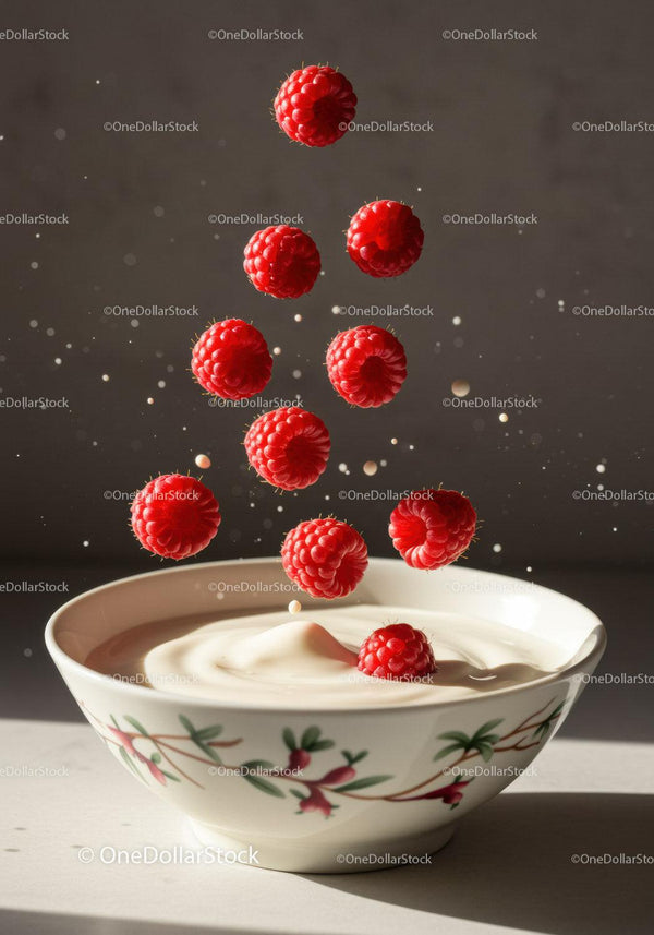 Fresh raspberries falling into creamy yogurt bowl