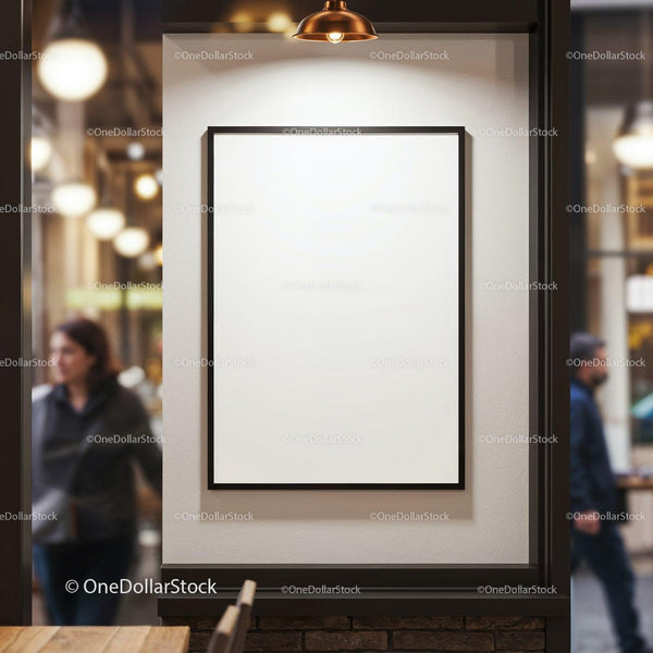 Blank poster on cozy cafe wall with urban background JPG Mockup Image