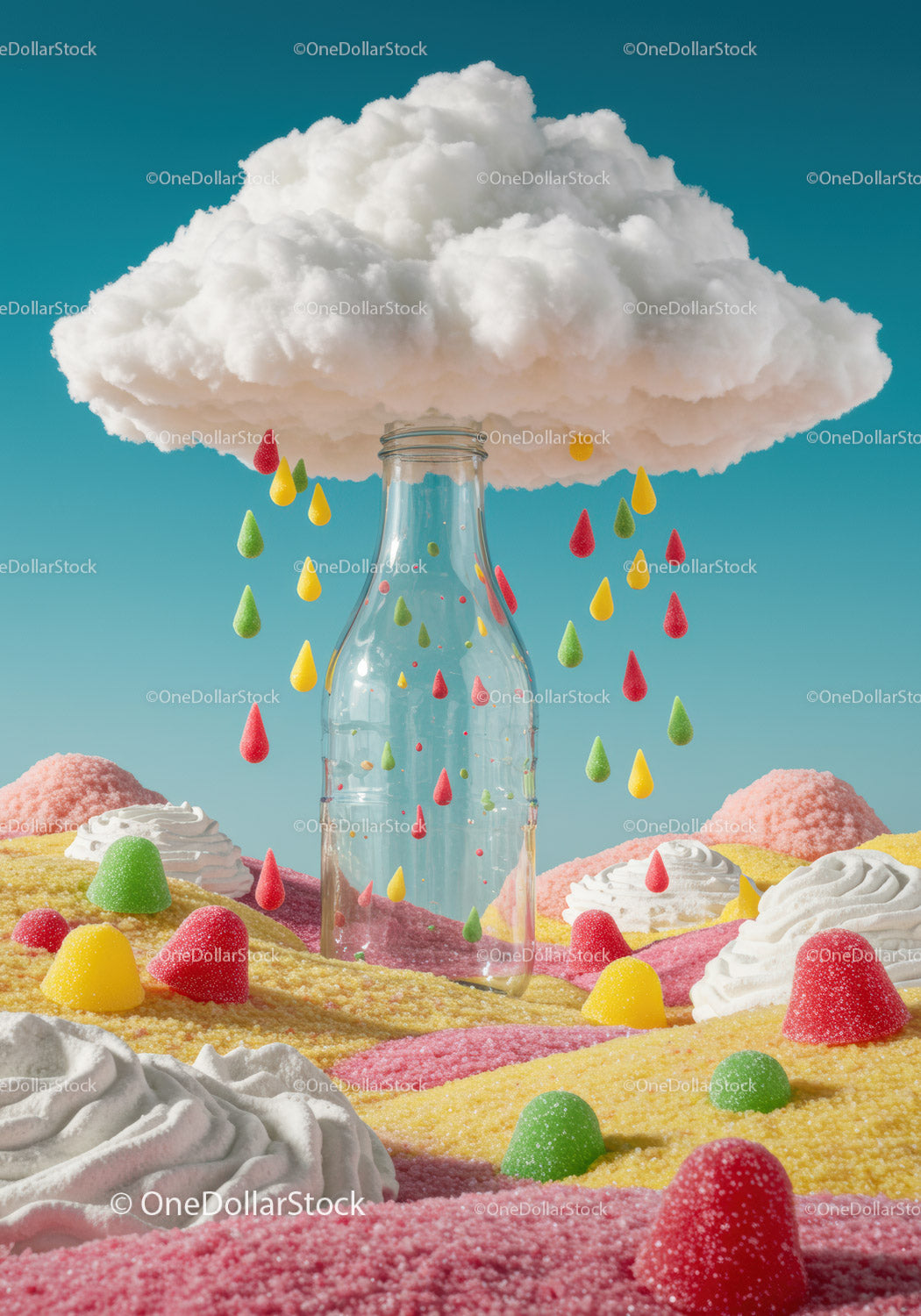 Candy raindrops falling from cloud over glass bottle