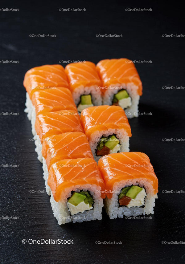 Świeże rolki sushi z łososiem, awokado i serem kremowym