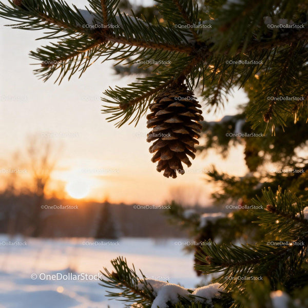 Pinecone hanging on evergreen tree at sunset