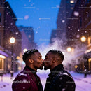Romantic Winter Kiss Between Two Men on Snowy Evening