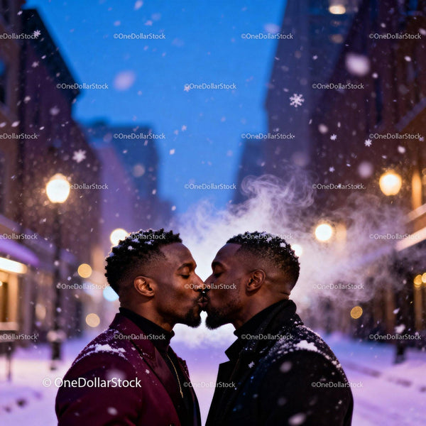 Romantic Winter Kiss Between Two Men on Snowy Evening