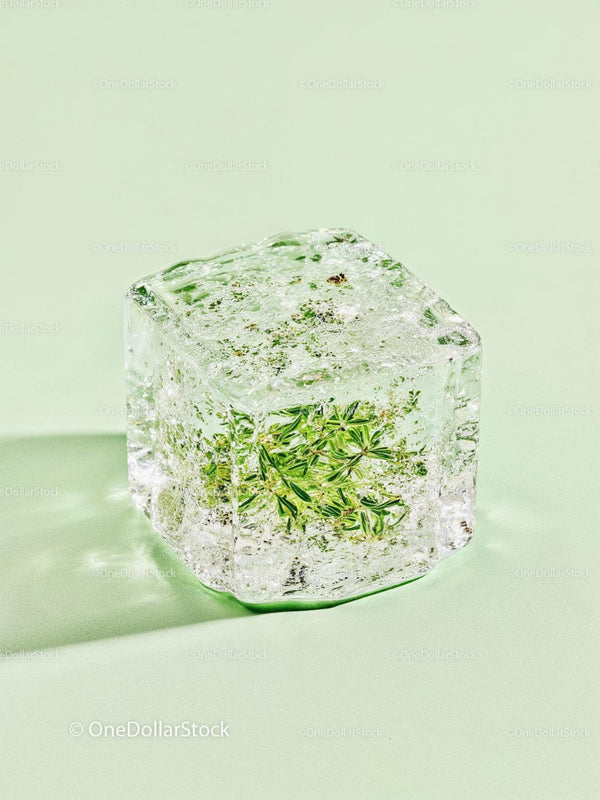 Fresh Herb Encased in Clear Ice Cube on Green Surface