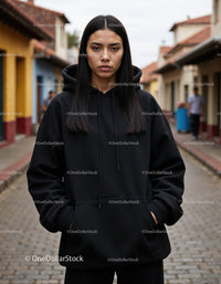 Fashionable Woman Wearing Black Hoodie in Urban City Street