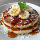 Banana Pancakes with Syrup and Coconut Flakes