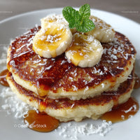 Banana Pancakes with Syrup and Coconut Flakes