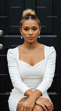 Elegant woman in white dress sitting against black door