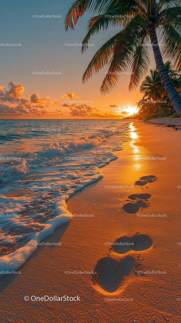 Sunset over Tropical Palm Beach with Footprints and Ocean Waves