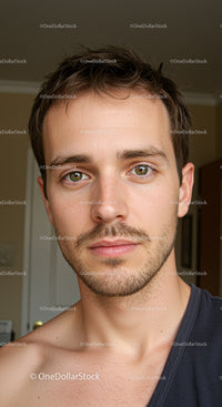 Close-up of a young man with expressive eyes and light facial hair