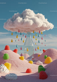 Colorful candy raindrops falling from cloud over bottle