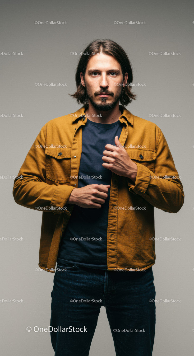 Confident young man adjusting shirt in casual outfit