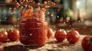 Vibrant Tomato Sauce Splash with Fresh Tomatoes in Background