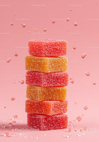 Stack of Sugary Fruit Jelly Candies on Pink Background