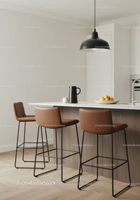 Modern Kitchen with Bar Stools and Black Pendant Light in Minimalist Style