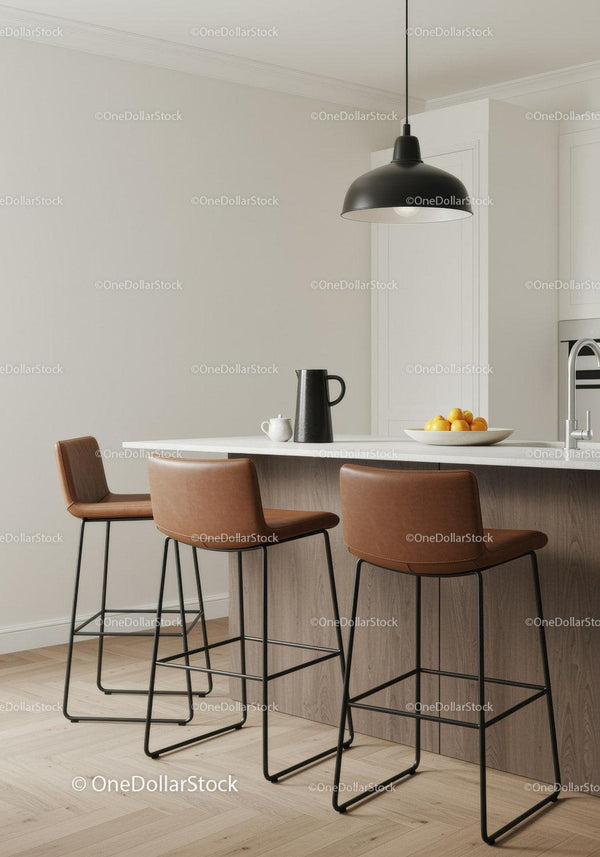 Modern Kitchen with Bar Stools and Black Pendant Light in Minimalist Style